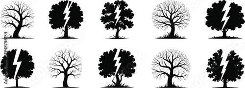 Lightning struck tree silhouette collection, storm damaged trees isolated on white background, nature disaster forest vector illustration set