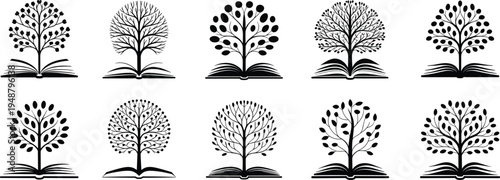 Knowledge tree growing from open book, education learning concept illustration, wisdom growth symbol, library study icon set, academic knowledge logo