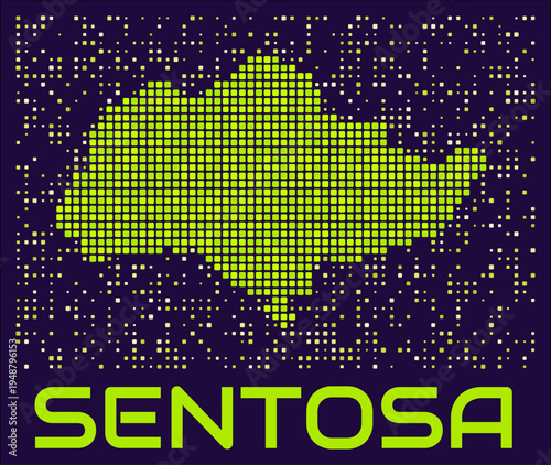 Sentosa dots map. Singapore. Digital style shape of the island. Sentosa map and title lime colored square dots with round corners. Creative Vector Illustration.