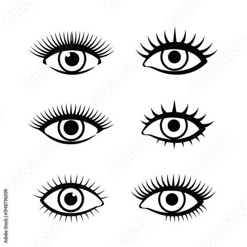 Set of Six Stylized Black and White Eye Illustrations with Eyelashes