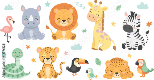 Cute Safari Animal Characters Cartoon Vector Set with Lion, Giraffe, Zebra, Rhino, Flamingo, Leopard and Tropical Birds