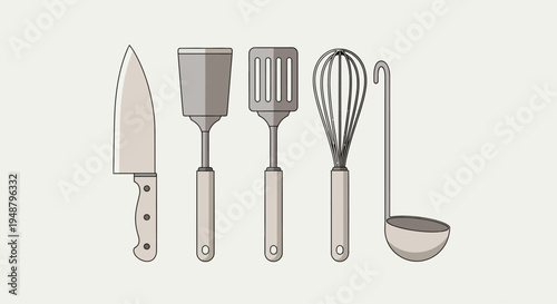 Set of Kitchen Utensils: Knife, Spatulas, Whisk, Ladle on Light Background