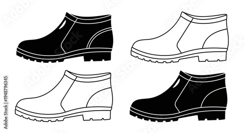 Set of black and white boot icons, isolated on white background, vector illustration