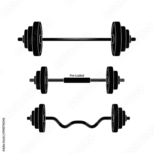 Set of Black Barbells and Dumbbells for Weightlifting and Fitness