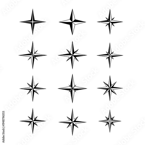 Set of 12 Black Compass Rose Starburst Symbols on White Background