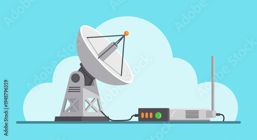 Satellite dish and router connected, communication technology, internet, data transfer