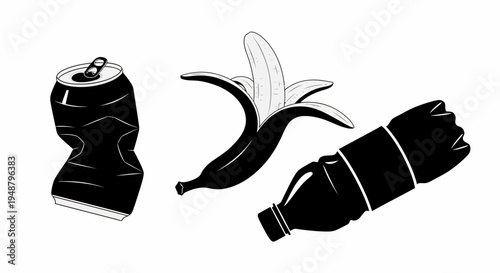 Recycling symbols: crushed can, banana peel, plastic bottle on white background, illustration