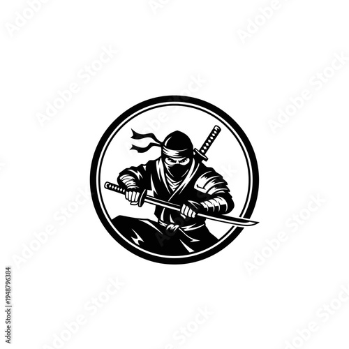 Ninja Warrior with Swords in Circle Emblem