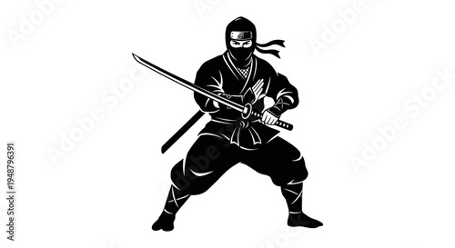 Ninja Warrior with Sword in Combat Stance, Black Silhouette