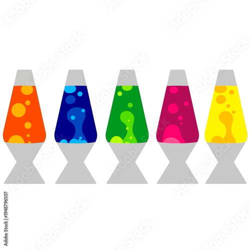 Five Colorful Retro Lava Lamps in a Row, Groovy 1970s Vibe
