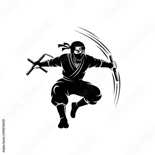 Dynamic Ninja Warrior with Nunchaku in Action Pose, Black and White Silhouette