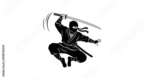 Dynamic Ninja Warrior Leaping with Katana Sword, Black Silhouette on White Background