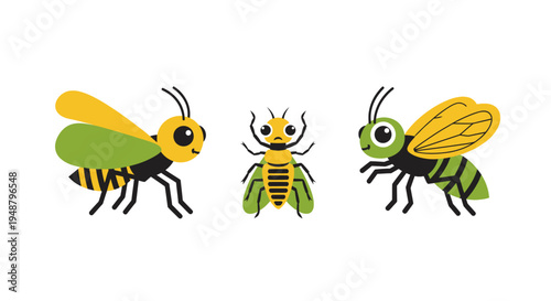 Cute Cartoon Bees and Wasp Characters, Vector Illustration