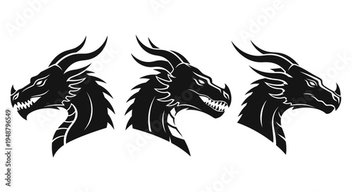 Dragon Head Silhouette Set: Three Angles of Mythical Creature Profile