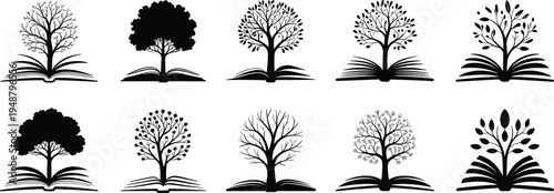 Open book tree logo set, knowledge growth concept illustration, education learning symbol, nature wisdom design, library study idea vector