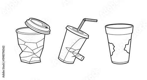 Crushed and Damaged Disposable Cups with Straw, Line Art Illustration