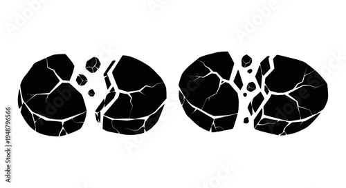 Cracked Black Stones Breaking Apart, Abstract Concept of Destruction and Separation