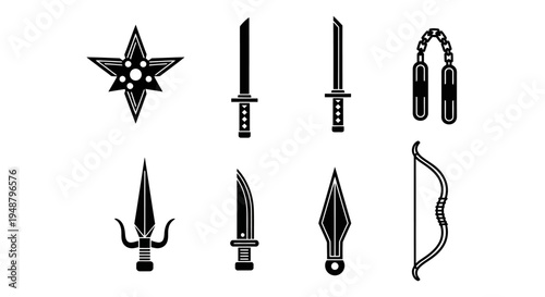 Collection of Black and White Japanese Martial Arts Weapons Icons