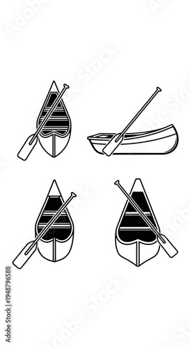 Canoe and Paddle Icons: Top View, Side View, and Front View Line Art