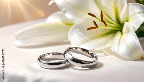 Two silver wedding rings beside a white lily on a table