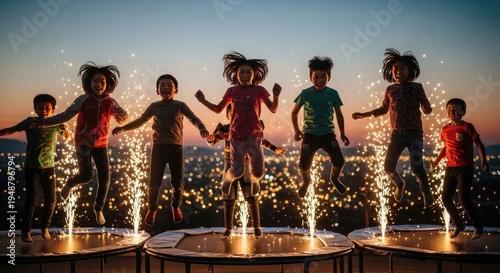 Children Jumping on Trampolines with Fireworks.