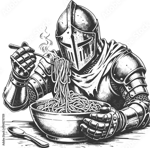 Medieval knight eating spaghetti vintage engraving vector illustration
