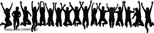 Jumping people silhouettes group, happy crowd jumping celebration, energetic friends jumping together, excitement success celebration silhouettes illustration set