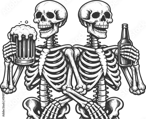 Skeleton friends drinking beer vintage engraving vector illustration