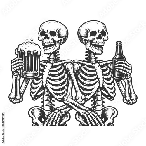 Skeleton friends drinking beer vintage engraving vector illustration