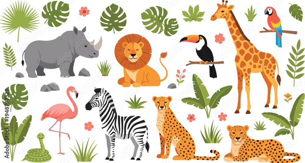 Obraz premium Safari Wildlife Animal Cartoon Vector Set with Lion, Giraffe, Zebra, Rhino, Flamingo, Leopard and Tropical Jungle Plants