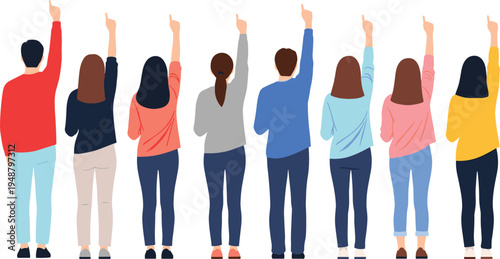 People raising hands illustration, group participation concept, audience volunteers voting, diverse crowd standing together, teamwork and community engagement scene