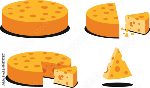 "Cheese wheel illustrations showing whole, wedge, block, and triangular cuts with crumbs, representing dairy food preparation, culinary presentation, and gourmet cooking design"