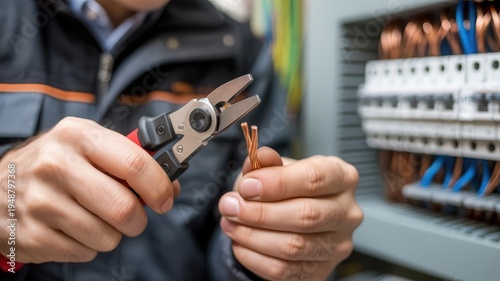 Electrician expertly stripping copper wires for electrical work