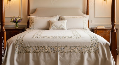 Elegant embroidered linen bedspread with decorative floral patterns and matching pillows on a well-made bed