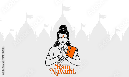 Ram Navami minimalist white background greeting card with Lord Rama in namaste pose and Ayodhya temple silhouette, elegant Hindu festival design for print and digital use