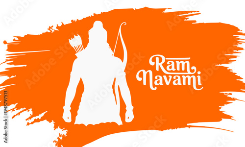 Ram Navami bold orange brush stroke background with white silhouette of Lord Rama holding bow and arrow, ideal for Hindu festival poster, banner, and social media post