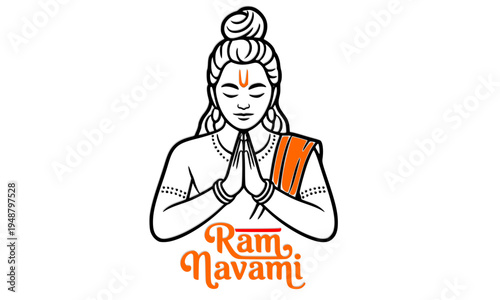 Colorful Ram Navami celebration illustration of Lord Rama in namaste prayer pose, honoring the Hindu festival of Shri Ram Jayanti with devotion and spirituality