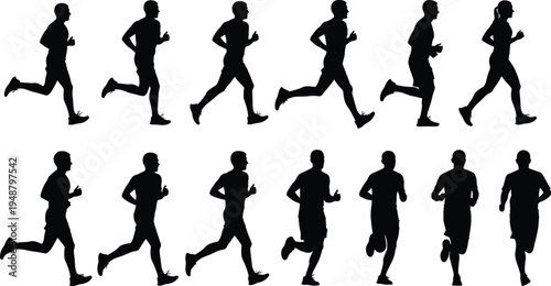 Running people silhouettes set, jogging runners collection, athletic men and women running poses vector illustration isolated background