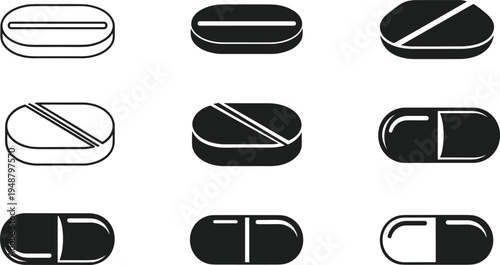 Collection of nine pharmaceutical pill and capsule icons in black and white, featuring various shapes, divisions, and markings, isolated for medical, healthcare, and pharmacy concepts.