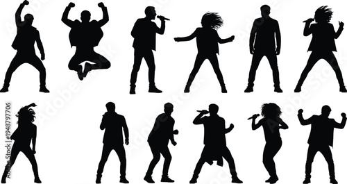 Singer performer silhouettes set, rock concert vocalist poses, music performance silhouettes, dancing singer with microphone, stage performance illustration