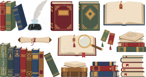Vintage Antique Books Collection Cartoon Vector Set with Open Book, Scroll, Quill Ink, Magnifying Glass and Bookmarks