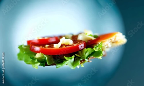 fresh crispy toast with tomato slices and salad leaves floating in mid air animation.ai 