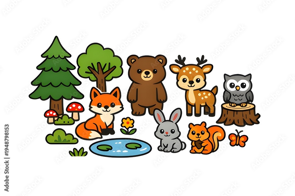 Obraz premium Forest scene with animals around a pond during daytime in a cartoon style