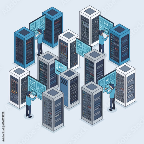 Illustration of a data center with multiple servers and technicians monitoring the systems.