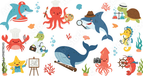 Cute ocean animals professions cartoon vector set with dolphin octopus shark whale crab turtle seahorse starfish characters