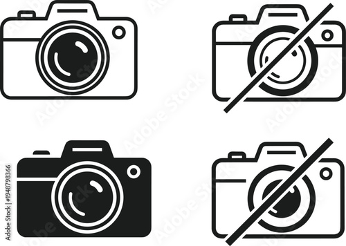 Set of four camera icons including standard and prohibited photography symbols, isolated on white background, ideal for signage, digital interface, and usage restriction concepts.