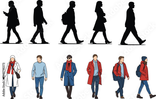 Walking people silhouettes and urban pedestrians set, casual city walkers illustration, modern street fashion characters, everyday walking people collection