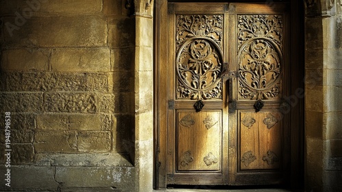 ajar. An ornate oak door left slightly ajar with vine carvings, warm light from the crack. real-estate listings.