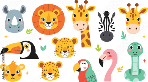Cute safari animals cartoon vector set with lion giraffe zebra rhino toucan flamingo parrot leopard snake kids illustration