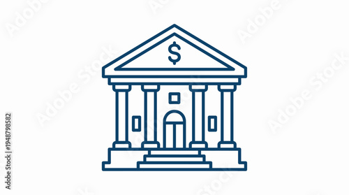Iconic building representing financial institution, commerce, and economic services with classic columns and a money symbol on its facade